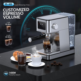 Close-up of espresso shot extraction with crema on RIOSKY machine