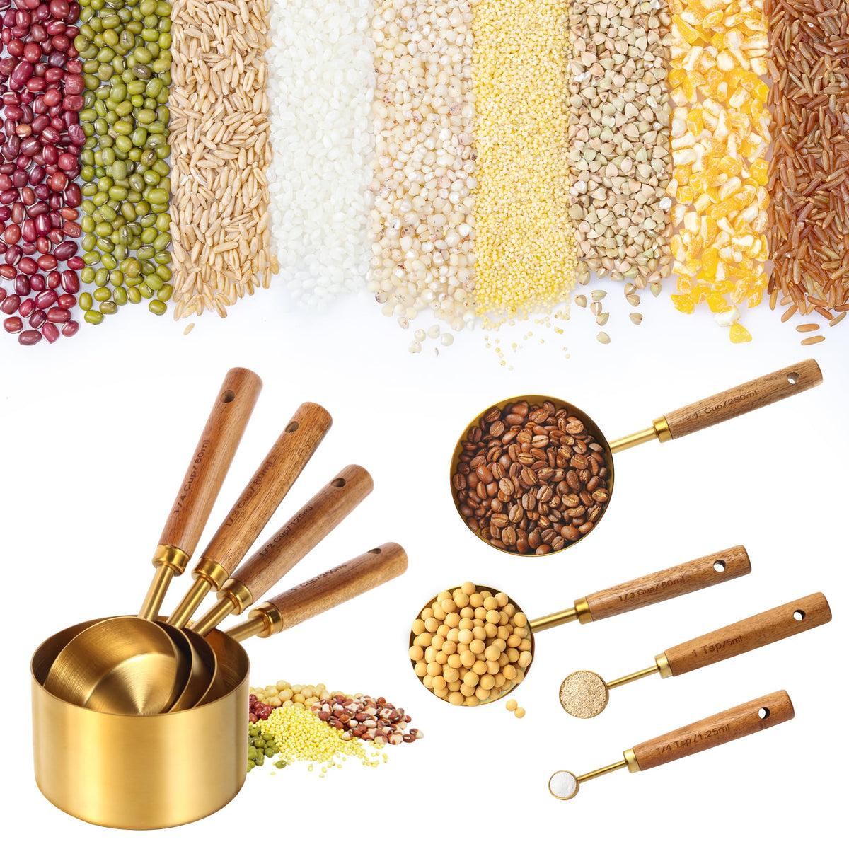 Close-up of Riqwm Iro wood handles on gold measuring cups