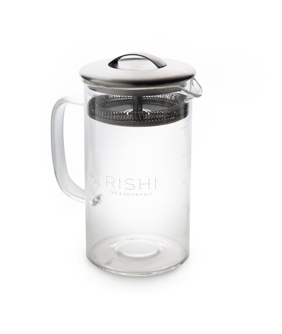 Rishi Tea Simple Brew Teapot 20oz on counter for easy hot or iced tea.
