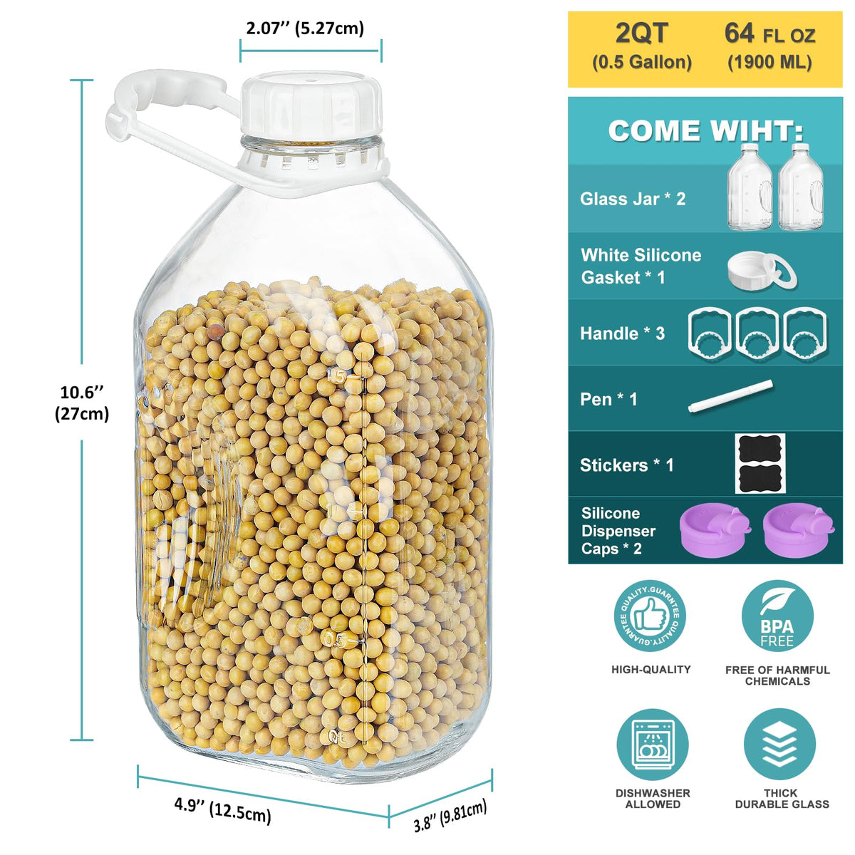 Ritayedet 2qt glass water bottle with two scale lines for quick measuring.