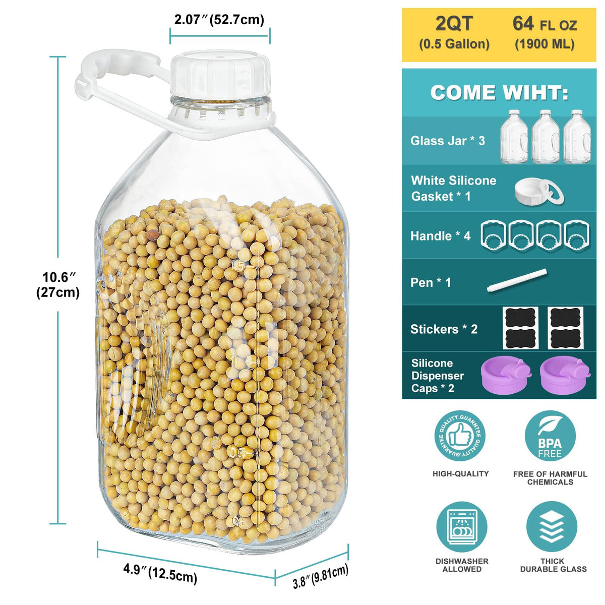 Ritayedet 2qt glass water bottle shows two precise scale lines for measurement.