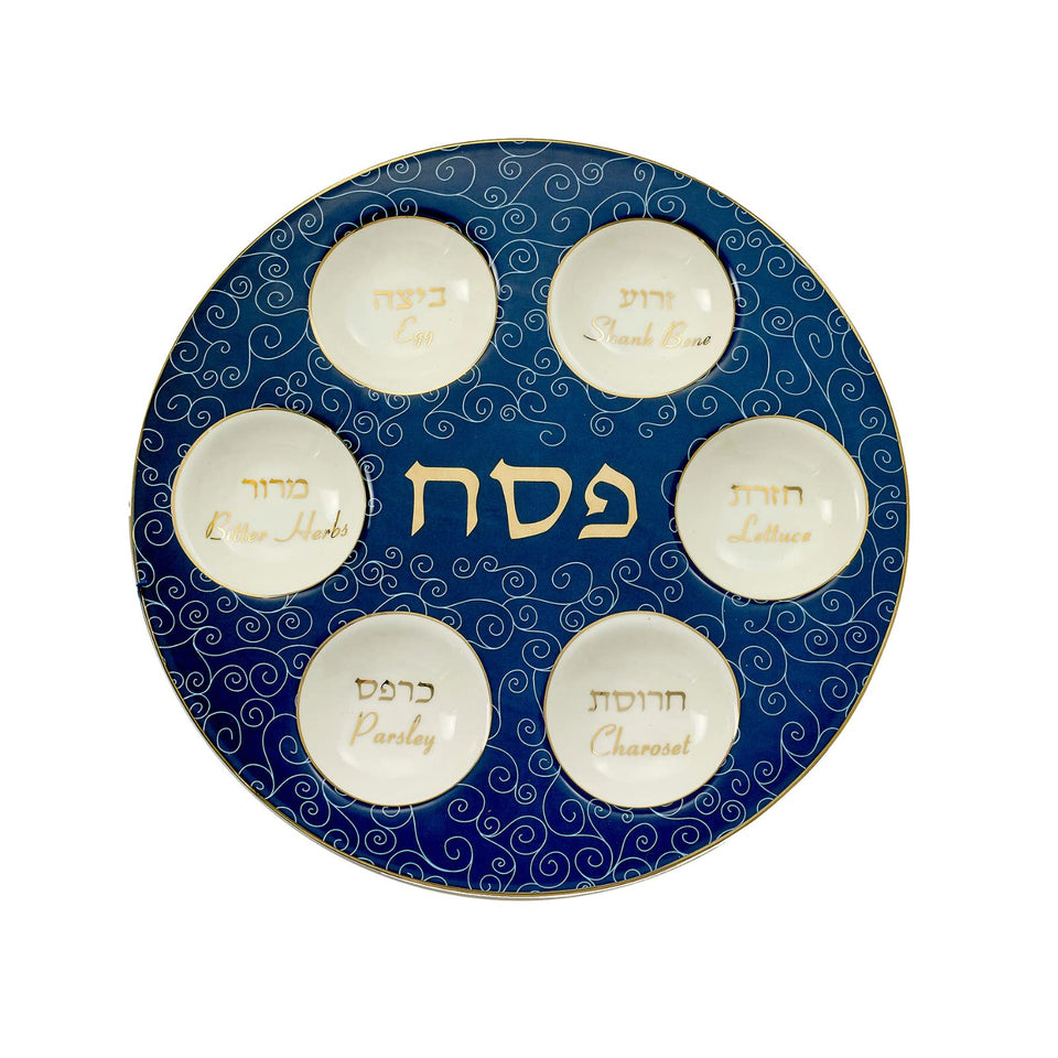 Rite Lite blue and white curlicue Seder plate with gold accents for an elegant Passover presentation.