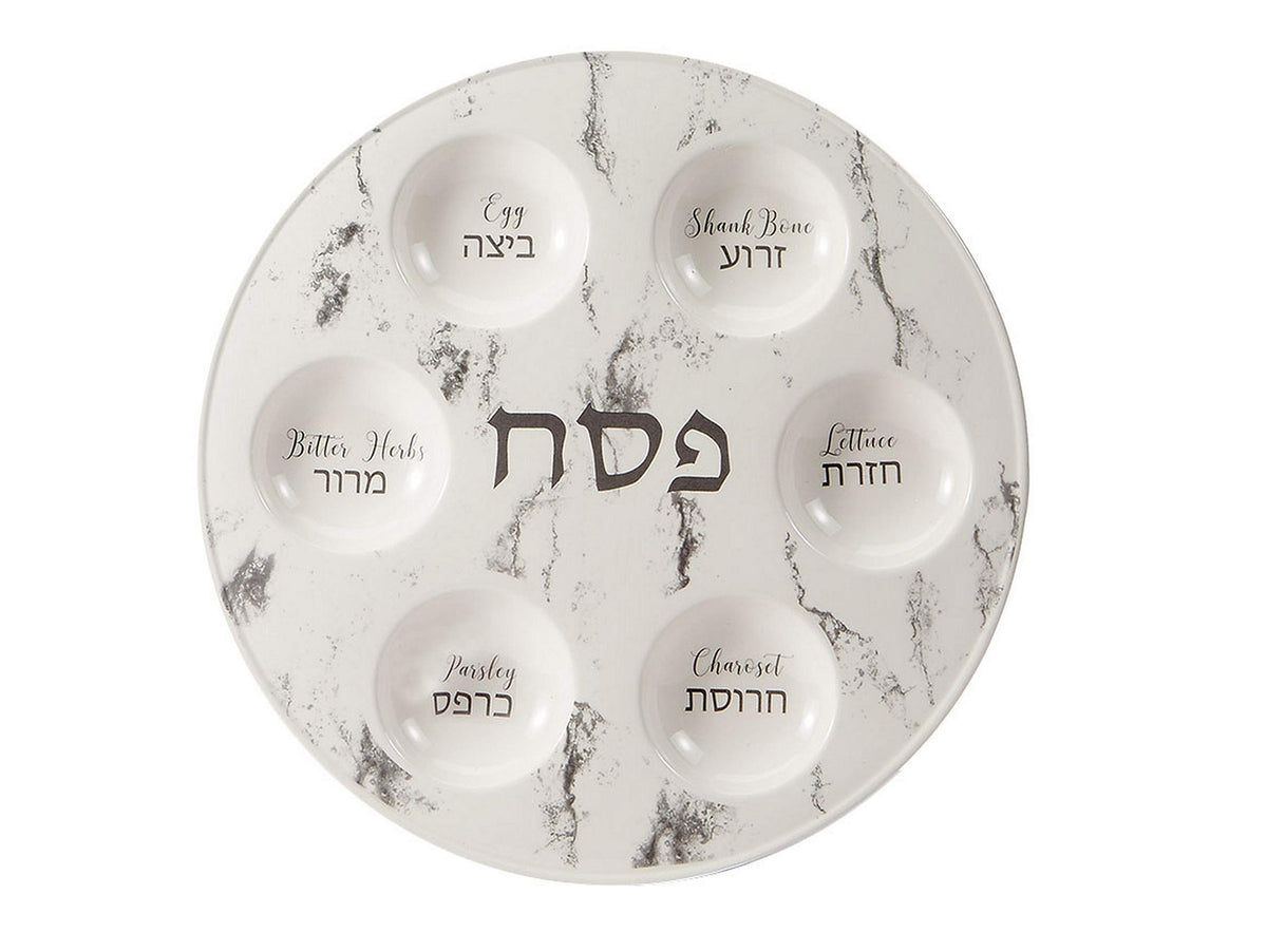 Rite Lite marble Seder plate with bilingual labels for elegant Passover display.