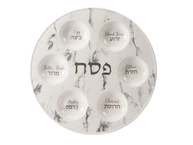 Rite Lite marble Seder plate with bilingual labels for elegant Passover display.