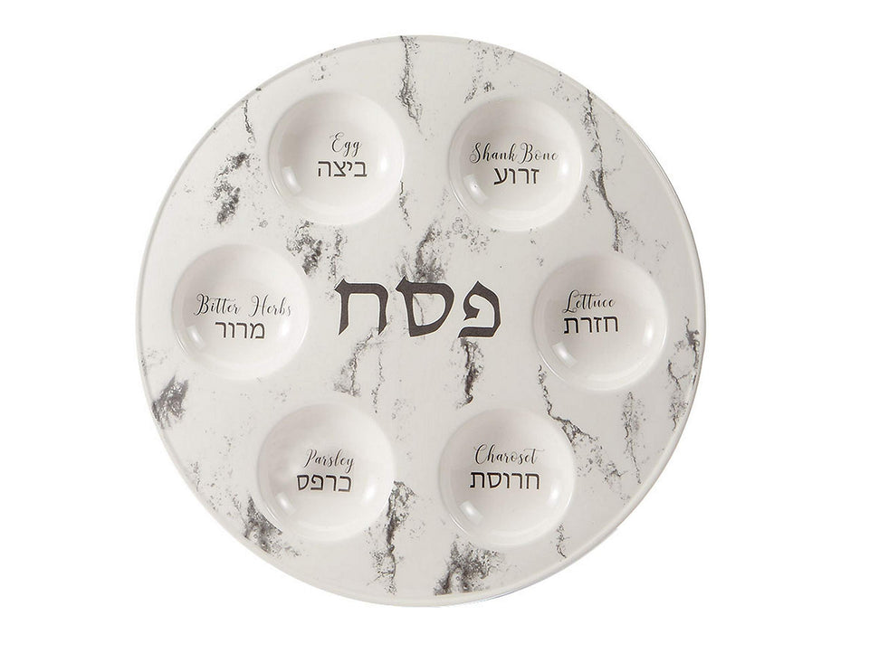Rite Lite marble Seder plate with bilingual labels for elegant Passover display.