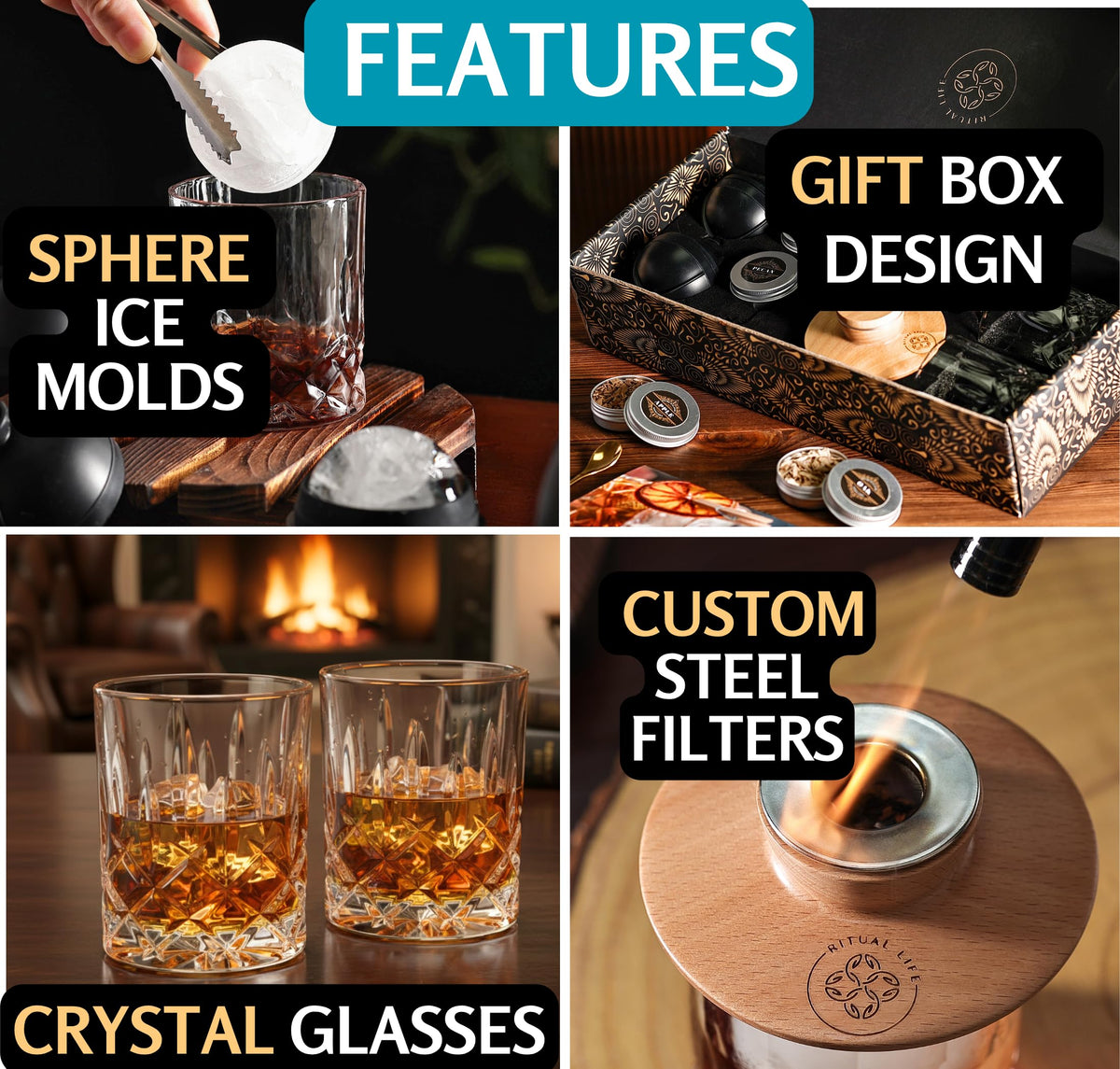 Ritual Life whiskey bourbon glasses set for elegant home bar sipping.
