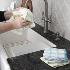 Ritz dish towel showing poly scour back for safe scrubbing on surfaces.