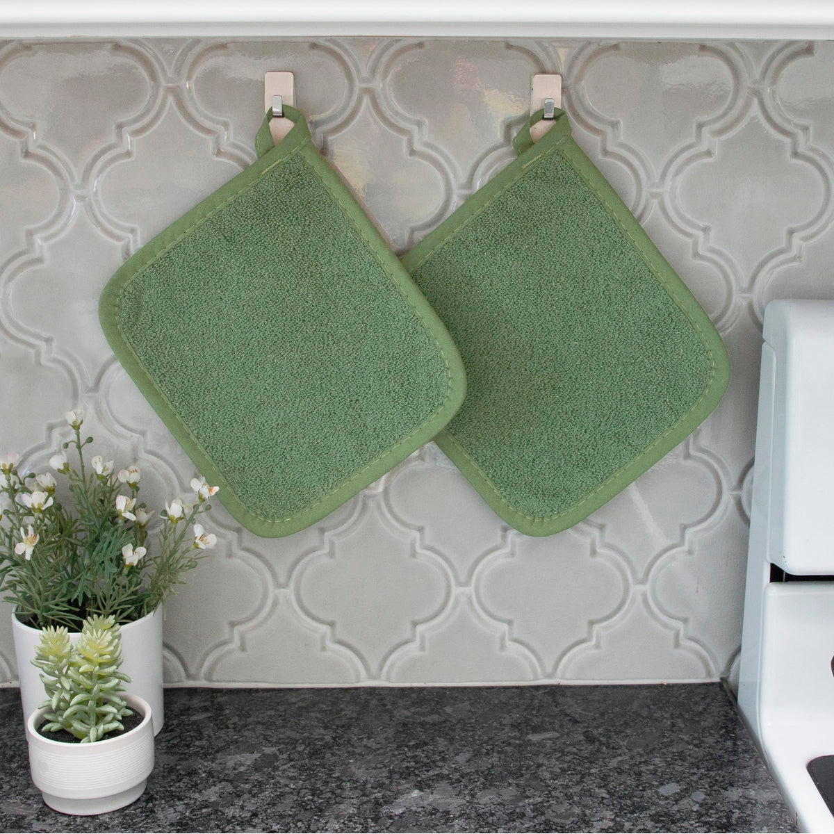 Juniper color brightens kitchen decor alongside Ritz essentials.