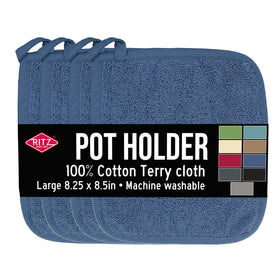 Ritz Terry potholder in blue shows heat resistance for safe oven handling.