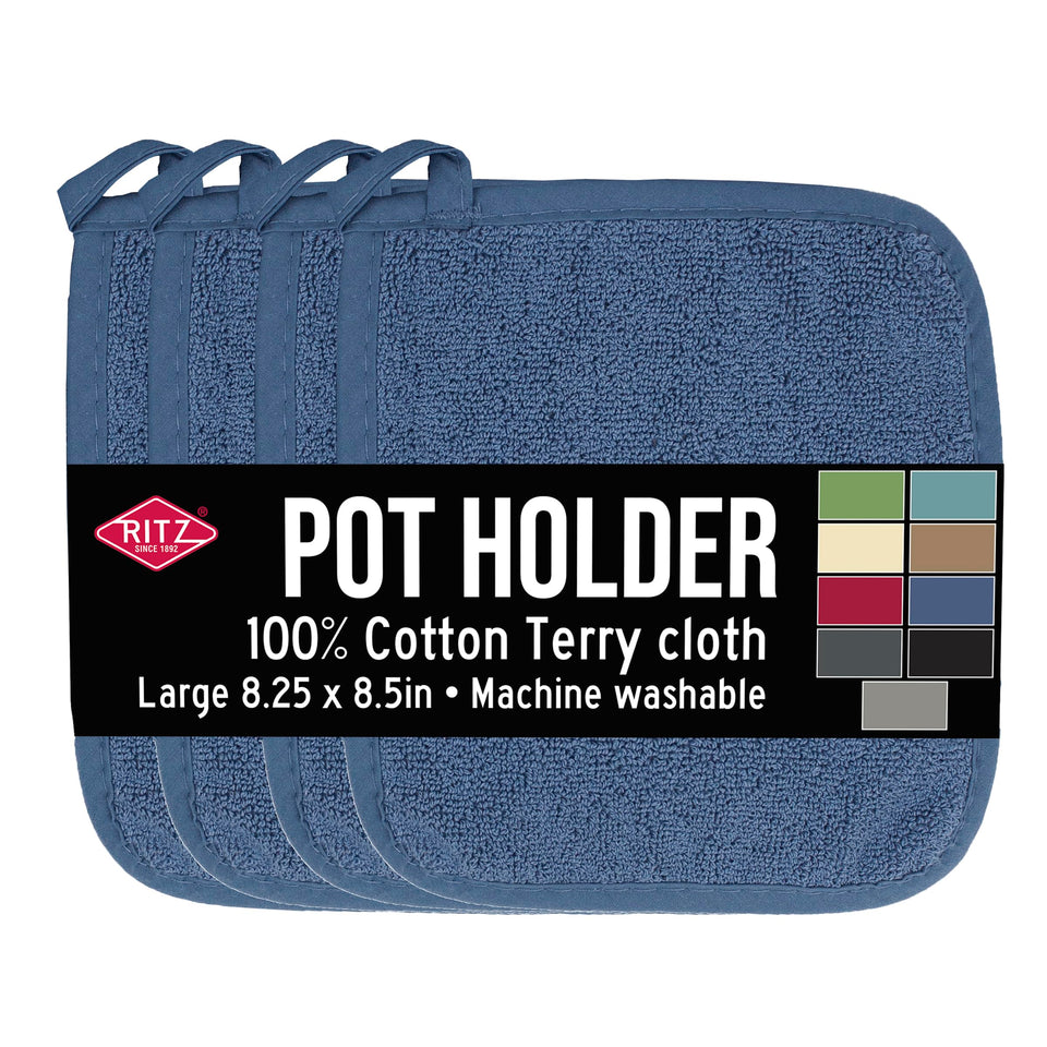 Ritz Terry potholder in blue shows heat resistance for safe oven handling.