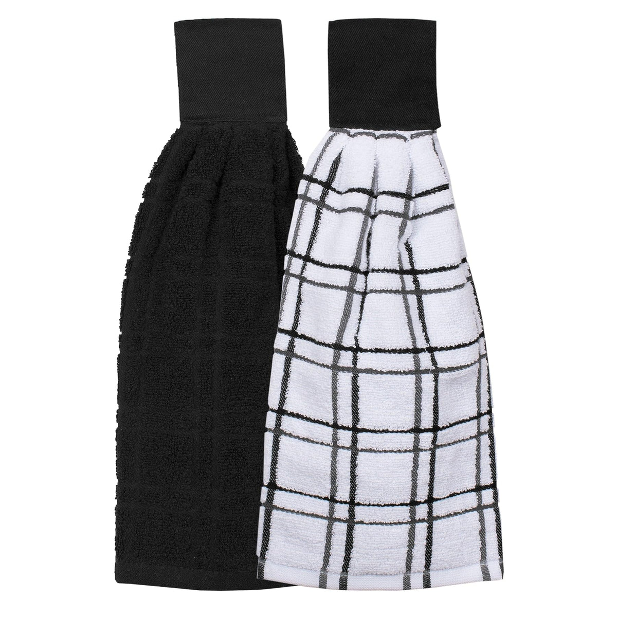 Ritz tie towel solid black mounted on oven bar for quick access.