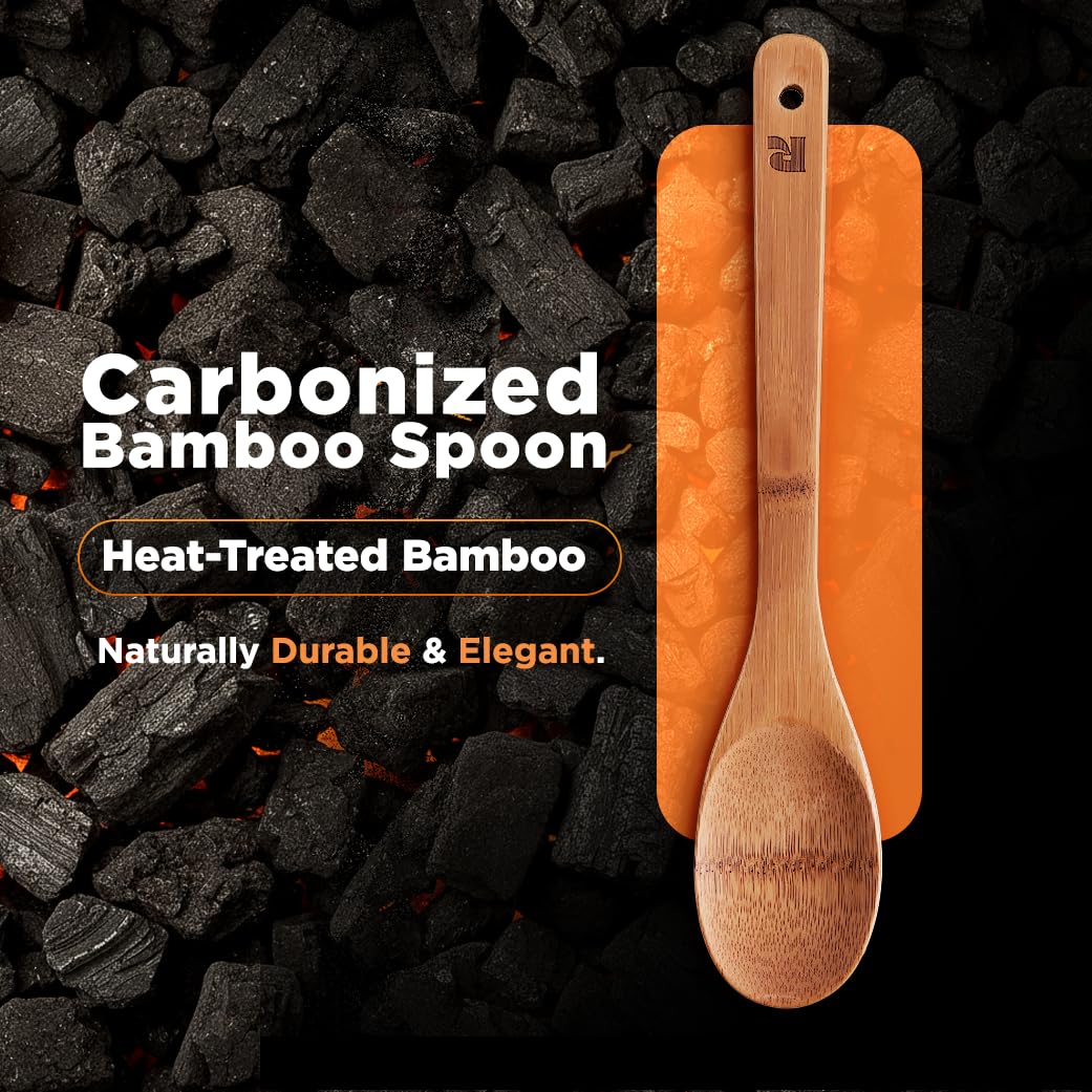 Riveira dark bamboo spoons with slotted spatula for draining sauces.