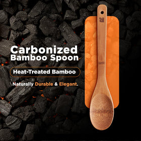 Riveira dark bamboo spoons with slotted spatula for draining sauces.