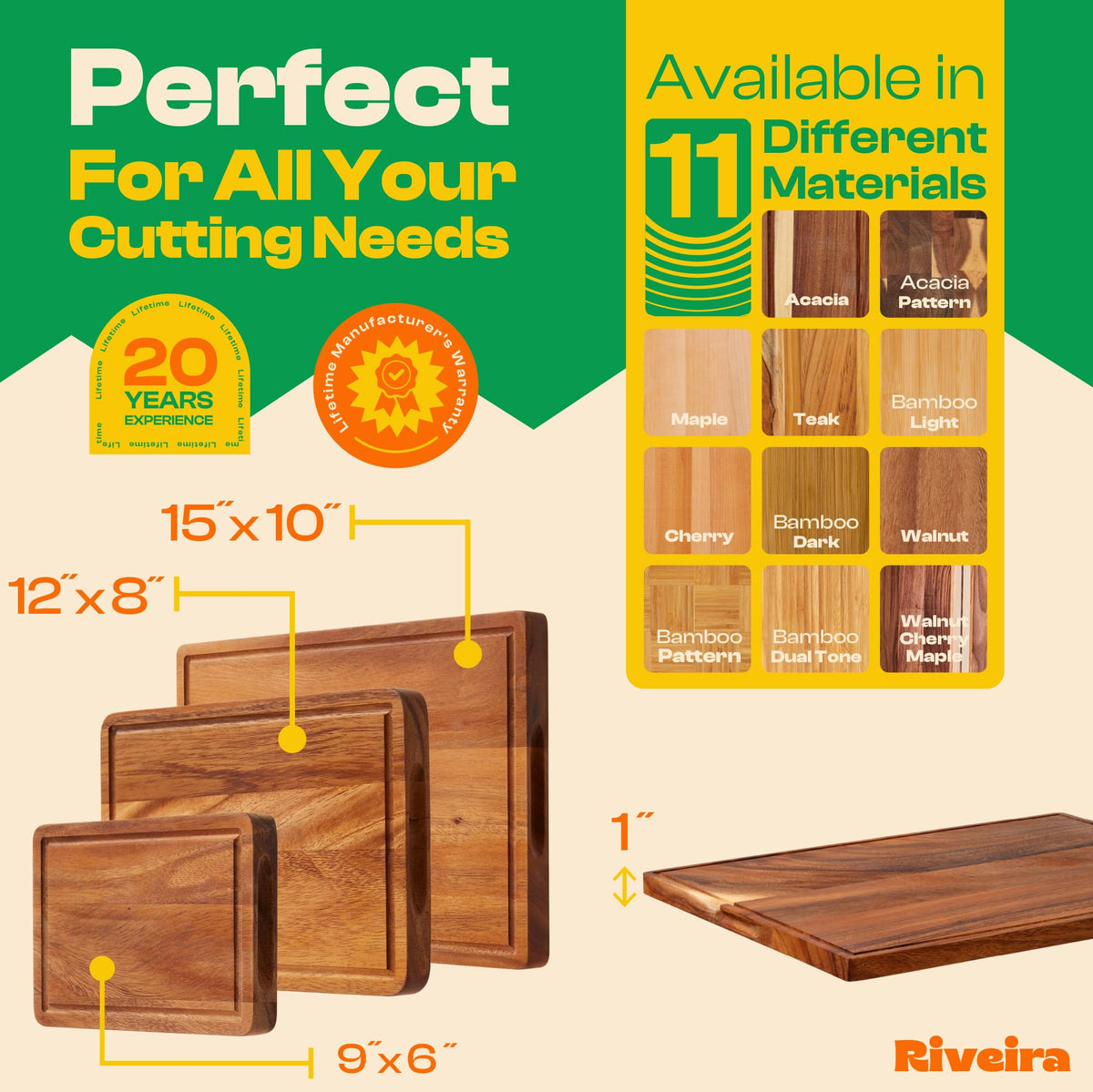 Riveira walnut cutting board set 3p deep grooves catch juices and reduce mess