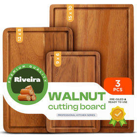 Riveira walnut cutting board set 3p small 9x6 top view ideal for fruit prep