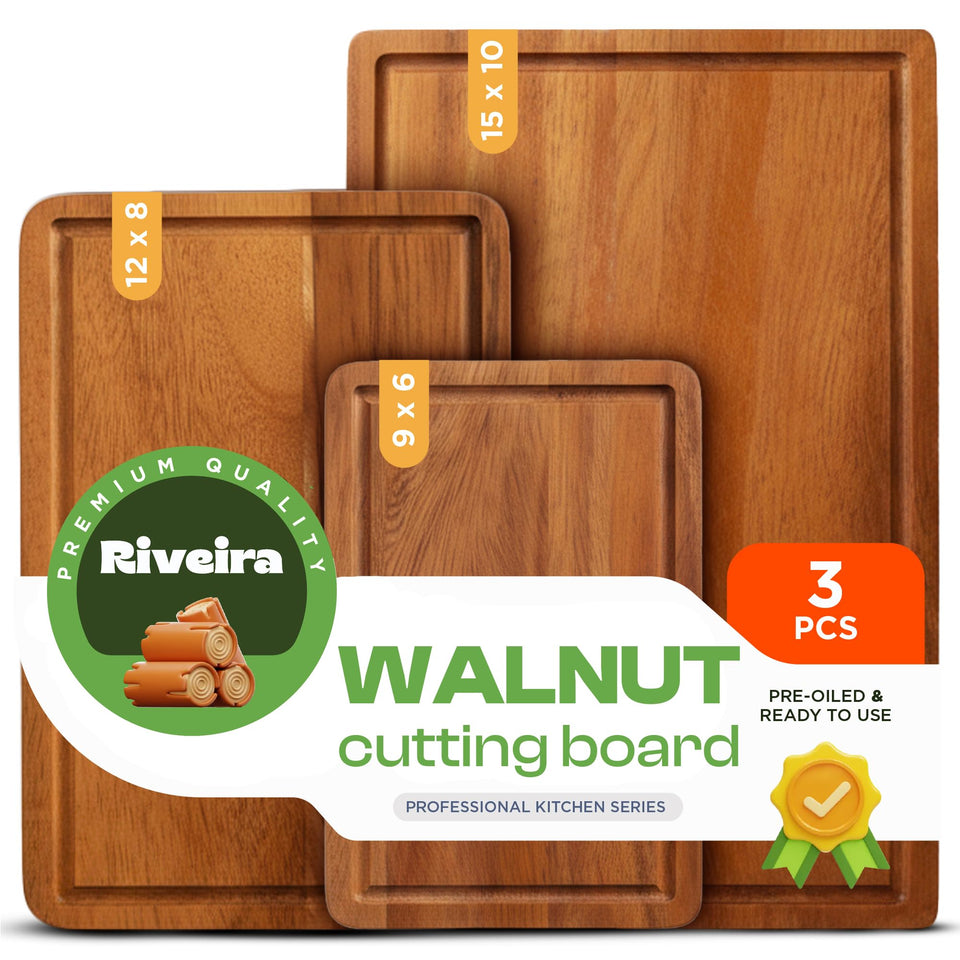 Riveira walnut cutting board set 3p small 9x6 top view ideal for fruit prep