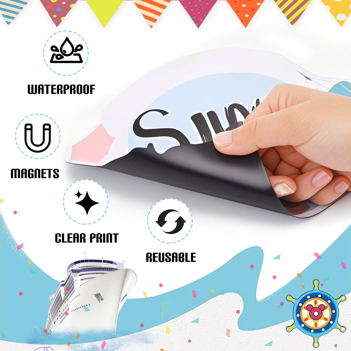 RiVolTa blue-pink cruise icons brighten spaces with cheerful marine imagery.