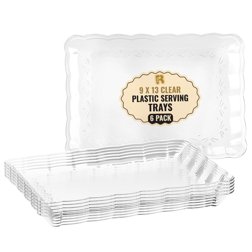R-KAY 6-pack clear plastic serving trays for parties, ideal for buffet setups and easy cleanup.