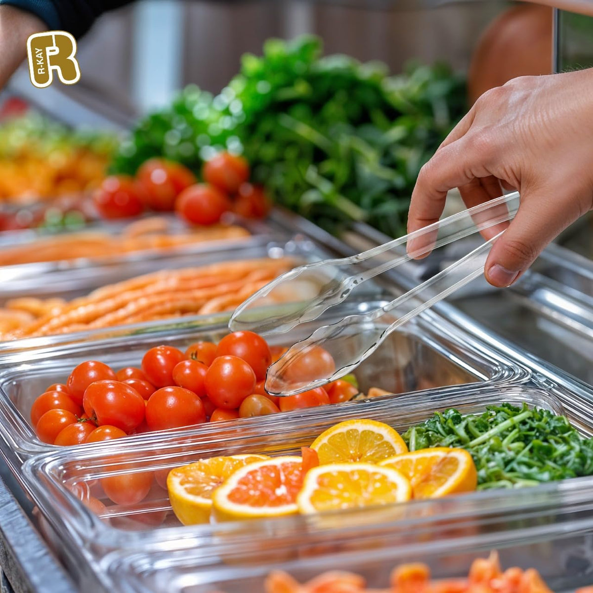 R-kay clear plastic tongs for elegant buffet displays, complementing any table setting.