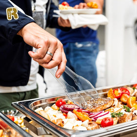 R-kay sturdy heavy-duty plastic serving tongs, trusted for frequent use at gatherings.