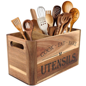 RMCOKGX acacia wood utensil holder highlights natural grain for easy countertop organization.