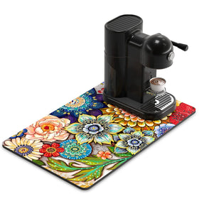 Rnivvi coffee mat with flower mandala design protects counters while absorbing spills.