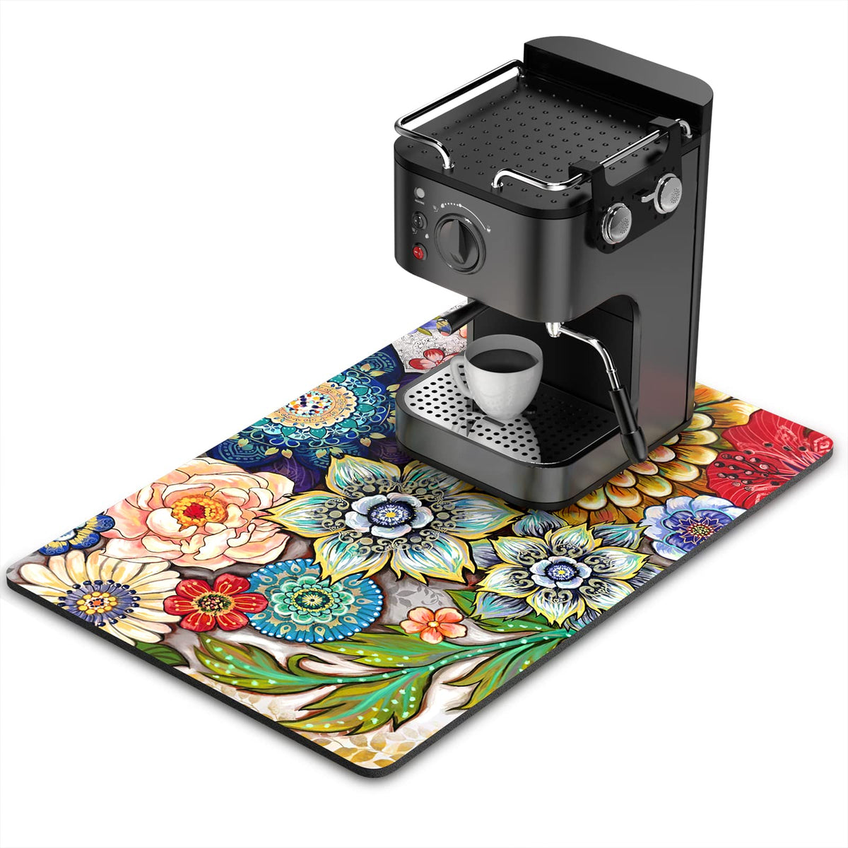 Rnivvi Coffee Mat with flower pattern enhances the coffee area and protects surfaces.