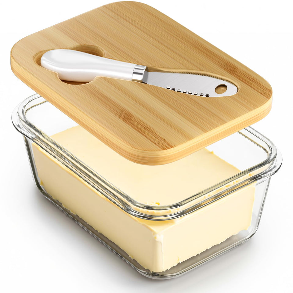 Road to purification glass butter dish with bamboo lid and knife for fresh butter.