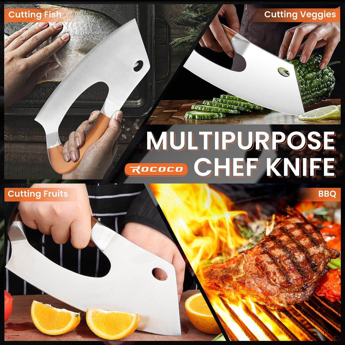 ROCOCO meat cleaver anti-rust stainless blade easy to clean and maintain.