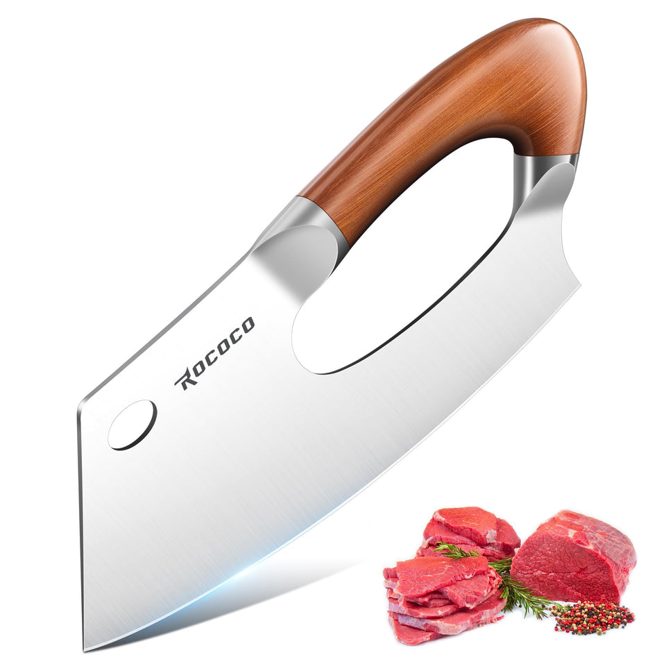 ROCOCO meat cleaver blade close-up showing a sharp, polished edge for precise cuts.