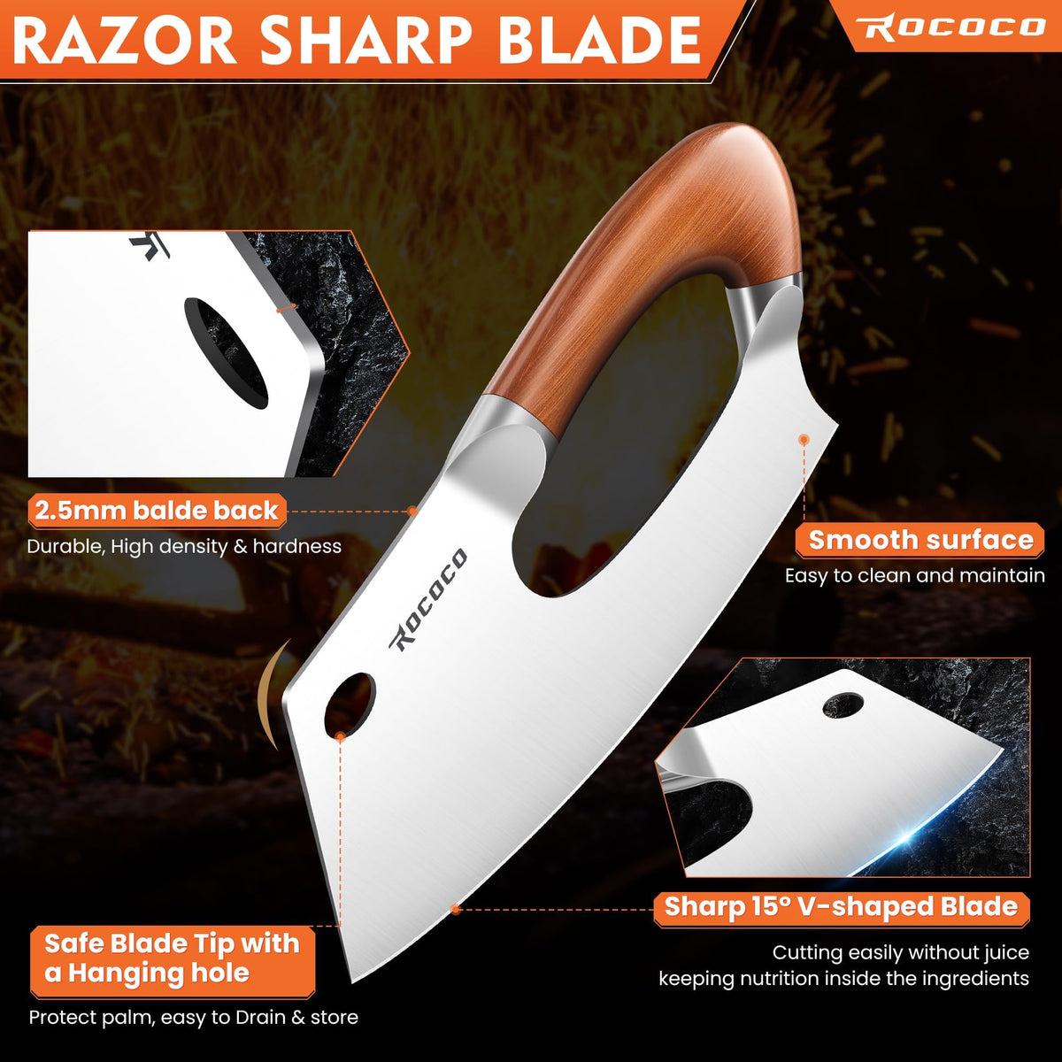 ROCOCO meat cleaver cutting vegetables for versatile kitchen use.