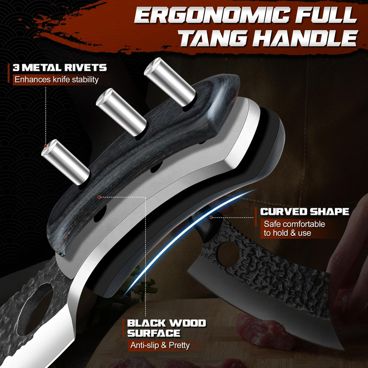 ROCOCO meat cleaver ergonomic curved blade for comfortable use.