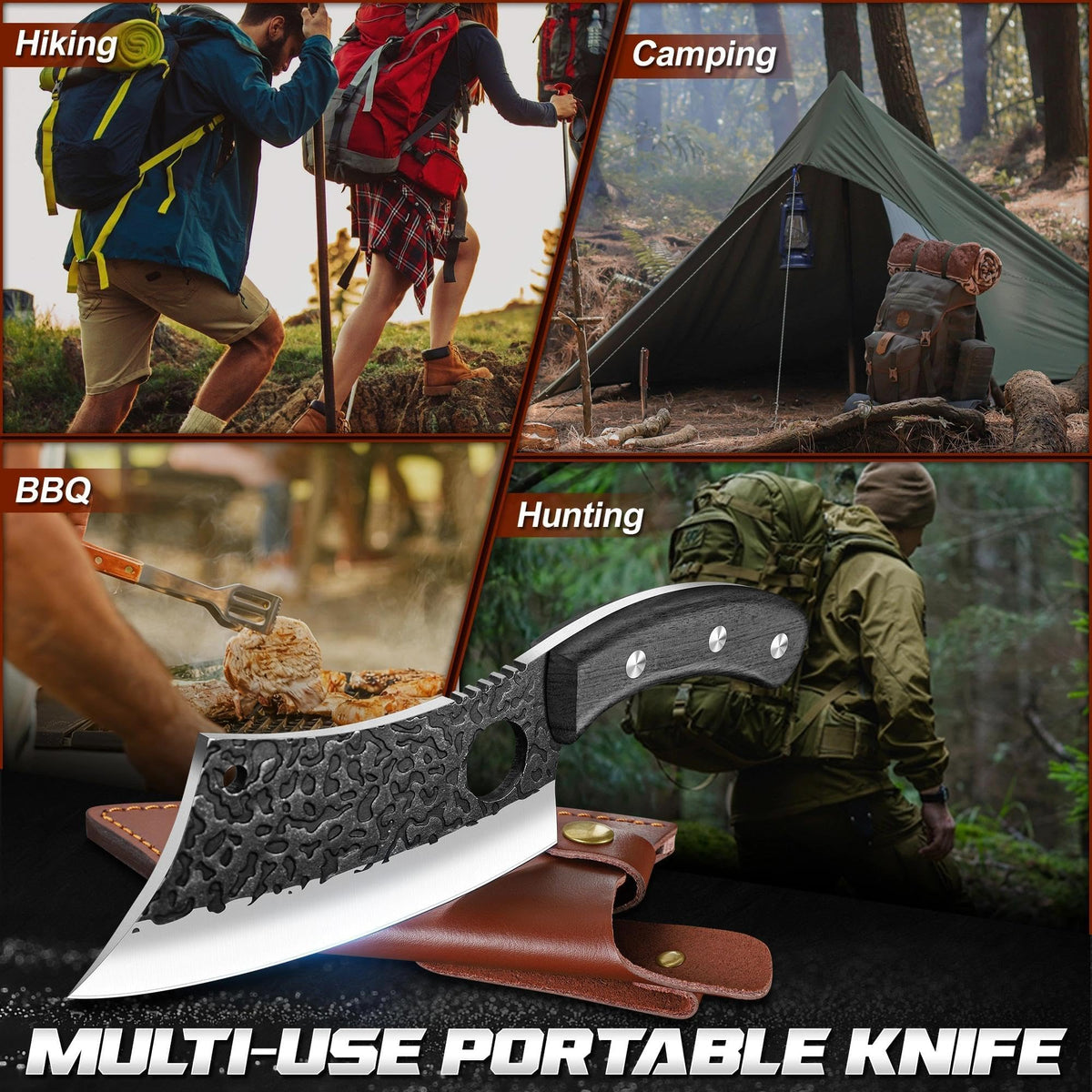 ROCOCO meat cleaver full tang wooden handle for stable grip.