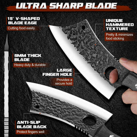 ROCOCO meat cleaver hammered blade texture reduces sticking.