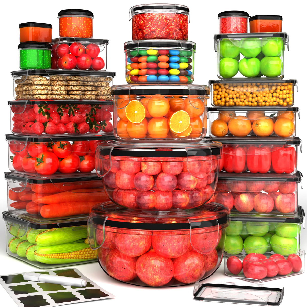 RockBerry 44pc storage containers with clear bodies for quick content checks.