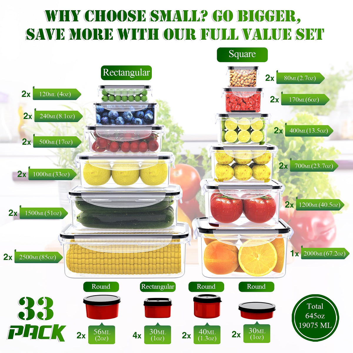RockBerry square 67oz container with clear lid for versatile fridge storage.