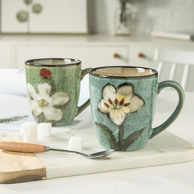 RockGoldBug pink 12oz cappuccino mug with pattern detail, adds color.