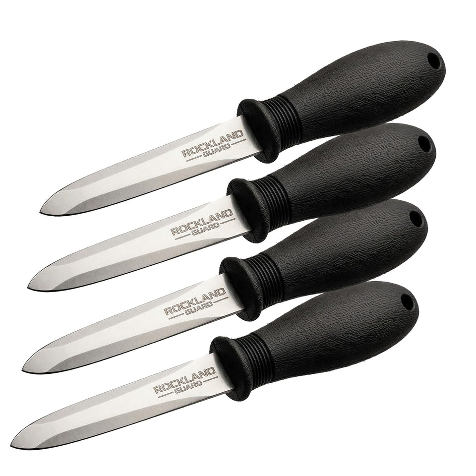 Rockland Guard Oyster Shucking Knife 4-Pack displayed, ideal for party seafood boils.