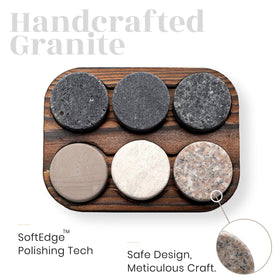 ROCKS WHISKEY CHILLING STONES wooden presentation tray on a stylish bar.