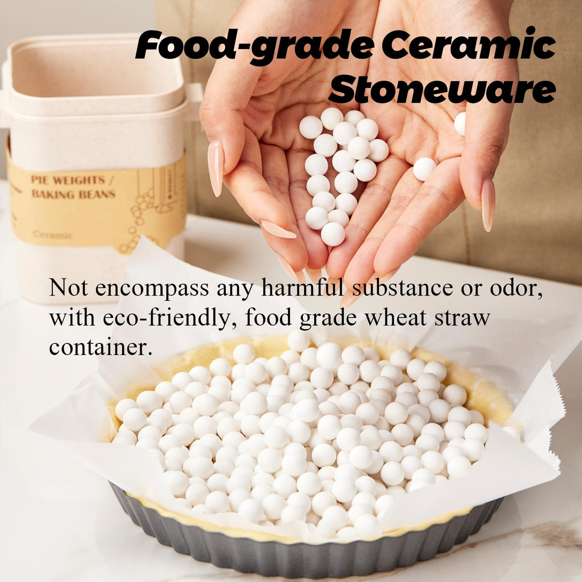 ROCKSHEAT ceramic pie weights close-up showing durable beads for reliable crust shaping