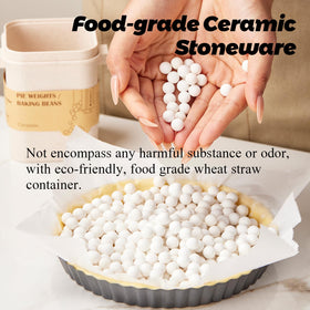 ROCKSHEAT ceramic pie weights close-up showing durable beads for reliable crust shaping