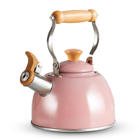 ROCKURWOK pink tea kettle with cool-touch wooden handle for safe pouring.