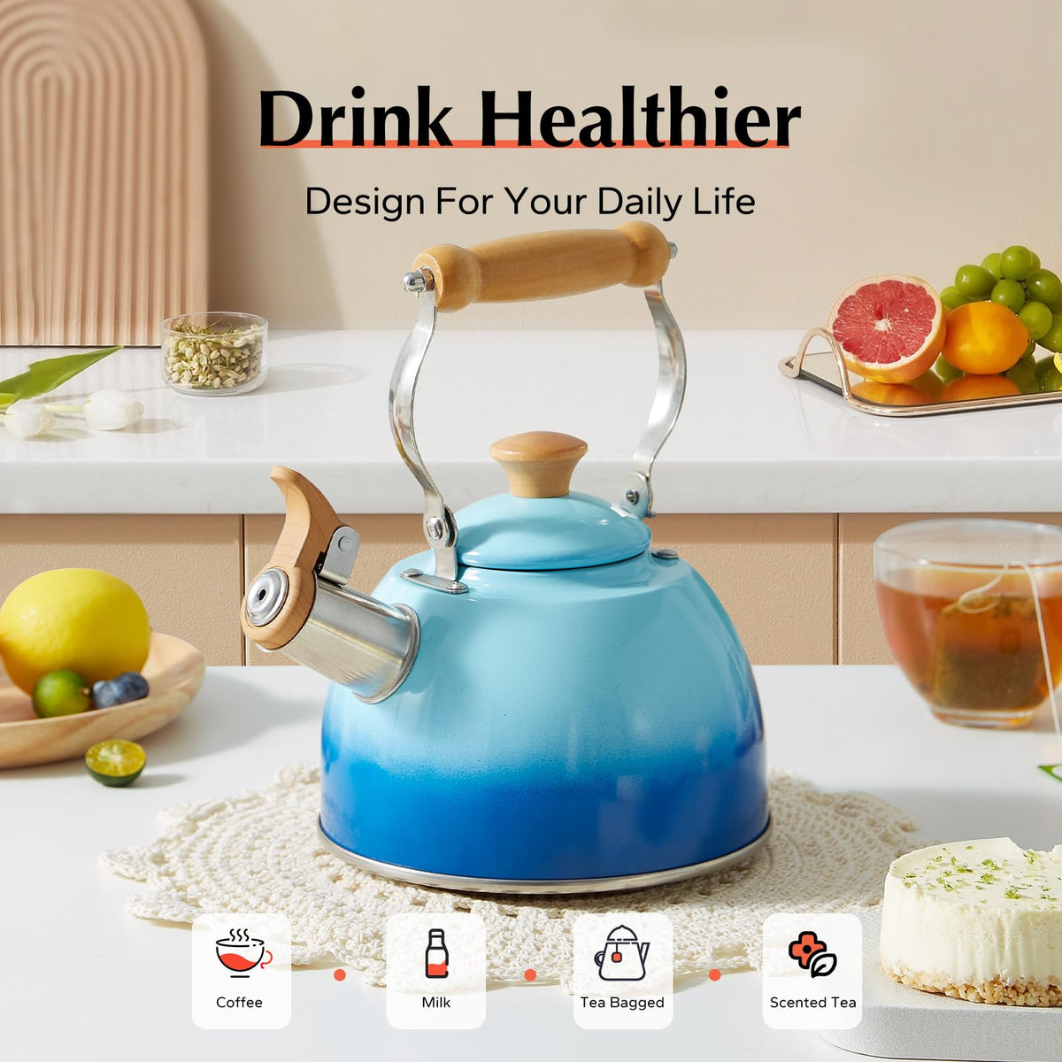 ROCKURWOK wooden-handle kettle shown for comfortable, steady pouring