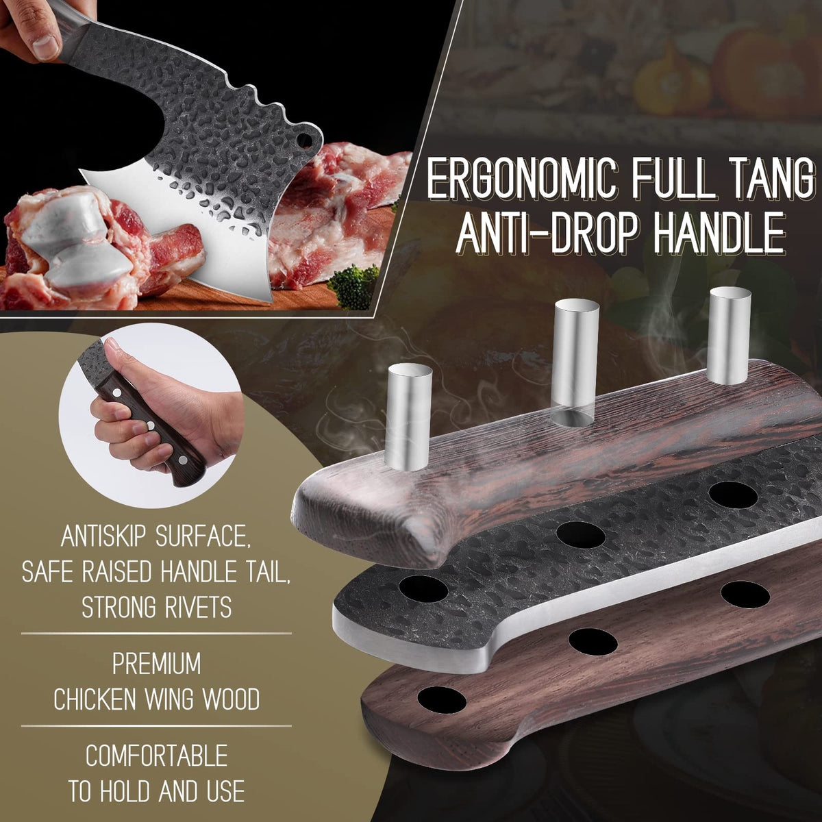 ROCOCO meat bone cleaver full-tang handle for durability and grip