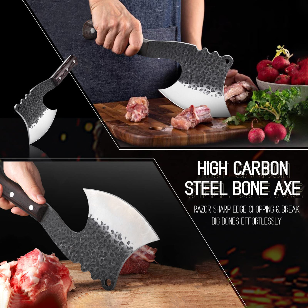 ROCOCO meat bone cleaver held for balanced chopping and control