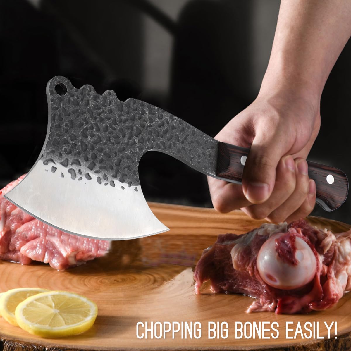 ROCOCO bone cleaver on cutting board highlighting prep capability