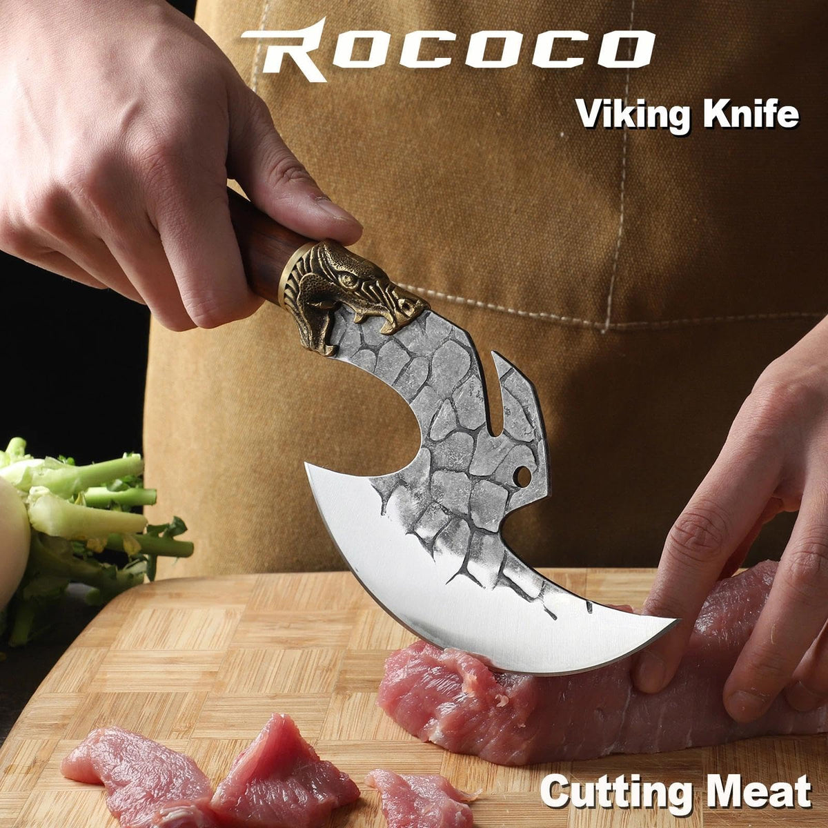 ROCOCO Viking Cleaver handle showing ergonomic walnut grip