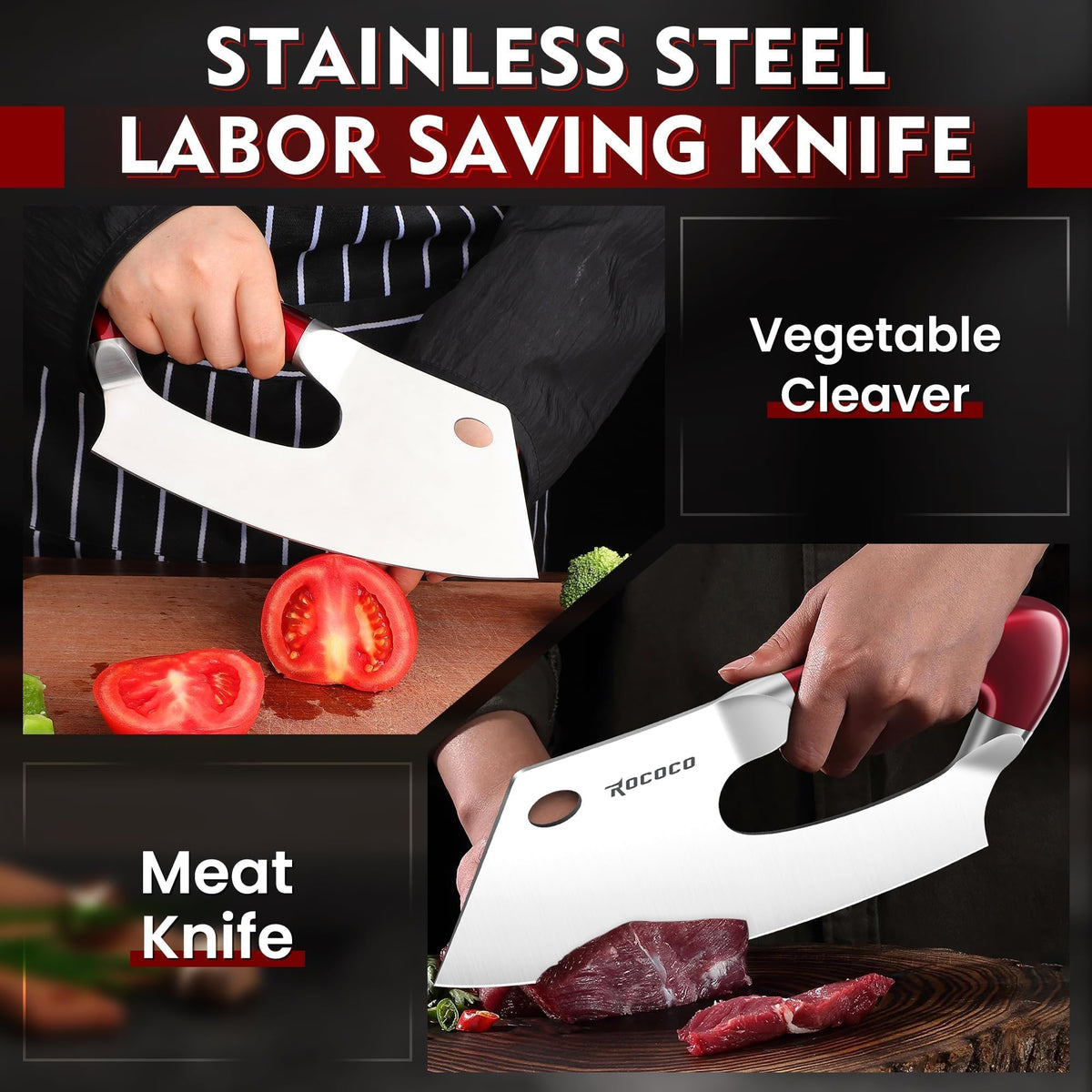 ROCOCO Easy Handle Meat Cleaver ergonomic red handle demonstrates fatigue-reducing grip for long prep