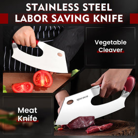 ROCOCO Easy Handle Meat Cleaver ergonomic red handle demonstrates fatigue-reducing grip for long prep