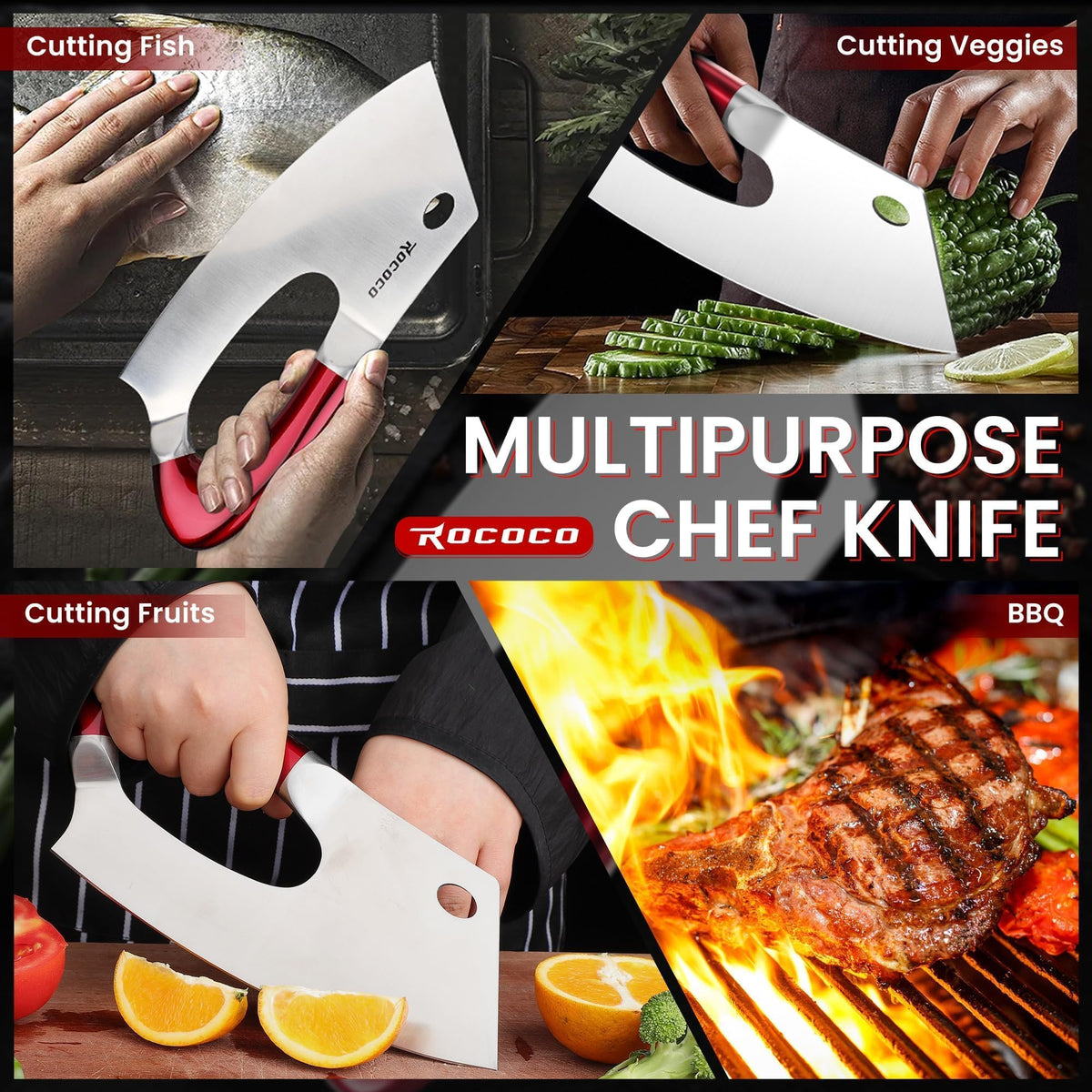 ROCOCO Easy Handle Meat Cleaver in kitchen scene demonstrates daily meat and veg tasks